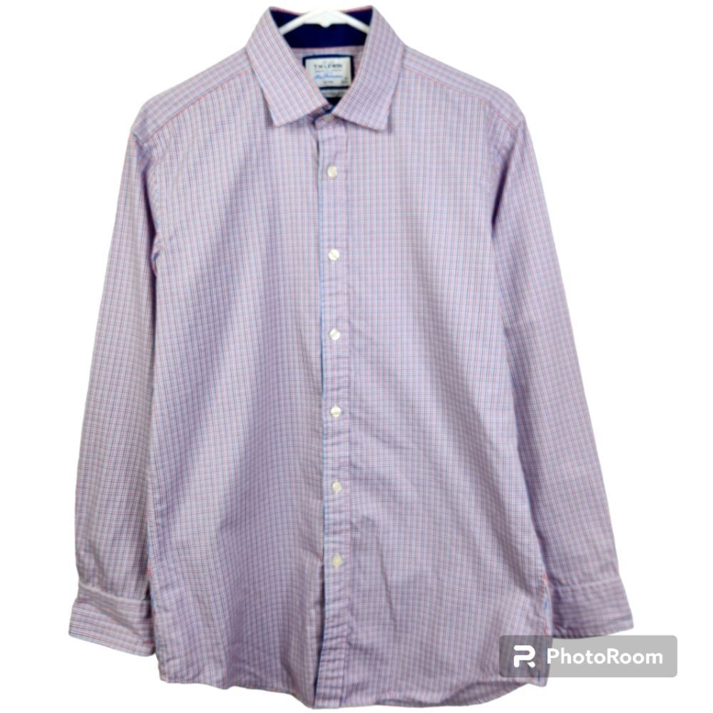 T.M.Lewin Mens Fitted Two-Fold Cotton Checkered Print Button Down Size 16-33